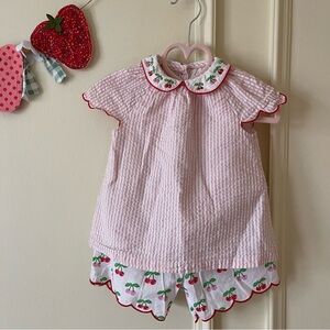 Baby Boden Set Molly Mahon Cherries print with scalloped detail 18-24 months